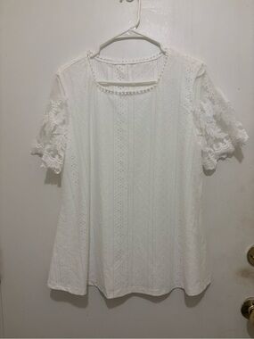 White Eyelet Lace Blouse | Embroidered Mesh Sleeves | XL | Boho Cottagecore